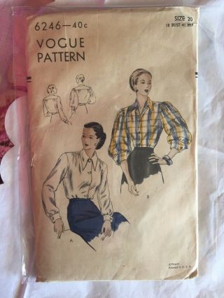 Rare Vintage Vogue 1930’s Or 40’s Dressy Blouse Sewing Pattern Top 6246 Bust 38