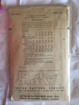 Rare Vintage VOGUE 1930’s or 40’s DRESSY Blouse Sewing Pattern Top 6246 Bust 38 2