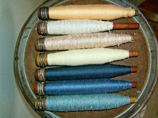 7 Vintage Antique Wooden Yarn Thread Cotton Wool Spool Spindle Bobbin Wood Loom