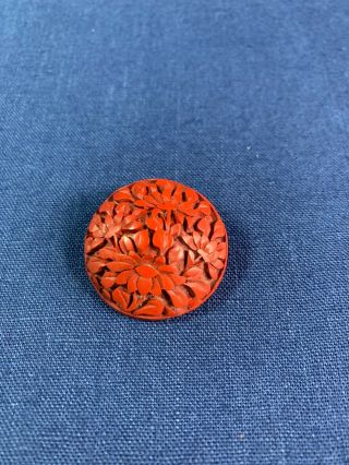 Vintage Red Deeply Carved Flowers Cinnabar Button Early 20th Century