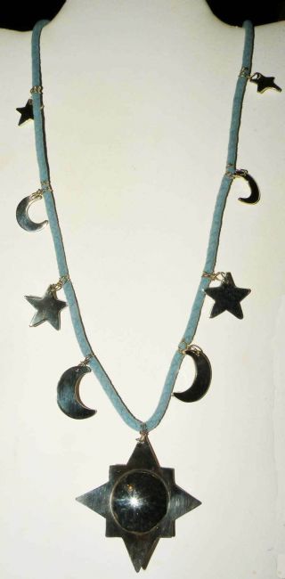 Stunning Silver Plated Sun Moon Stars Dangle Pendants Necklace 34 " Long