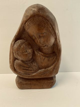 Virgin Mary Mother And Child Hand Carved Wooden Statue 7.  5 “
