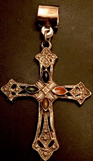 Vintage Catholic Polished Stone & Silver Tone Religious Cross