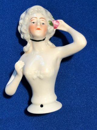 Vintage German Porcelain Half Doll Pin Cushion Doll " Marked Germany " Arm Away