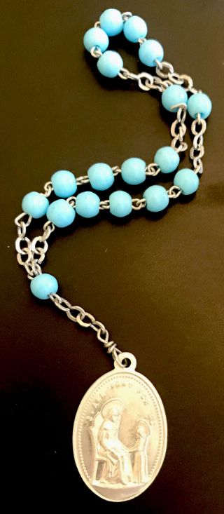 Vintage Catholic St Anne Blue Glass Chaplet With Silver Tone Medal