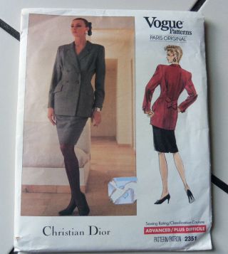 Vtg Vogue Christian Dior Pairis Couture Suit Jacket Skirt Pattern 16
