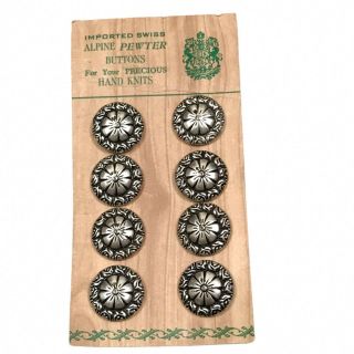 Vintage Set Of 8 Pewter Round Floral Buttons On Card Alpine Swiss