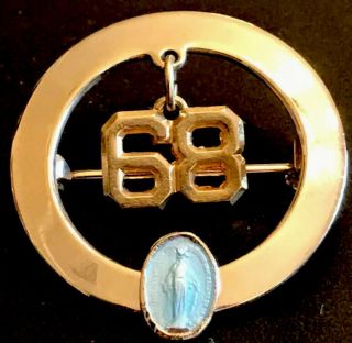 Vintage 1968 Catholic High School Lapel Pin W Blue Enamel Miraculous Mary Medal