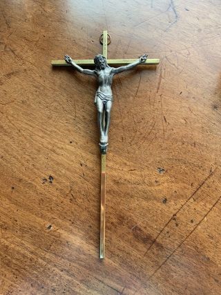 Vintage Brass Pewter Metal Altar Crucifix Cross Jesus 10 "