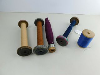 Vintage 5 Solid Wooden Spools Sewing Textile Spindles Farm House Decor