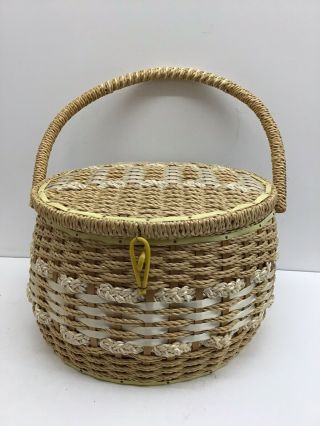 Vintage Dritz Sewing Basket Box Mid Century Woven Wicker Natura Pin Cushion