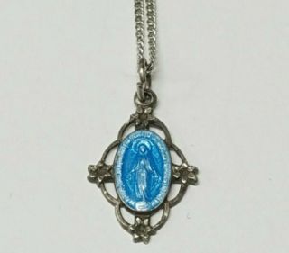 Vintage Miraculous Mary Sterling Silver & Blue Enamel Pendant & 18 " Chai
