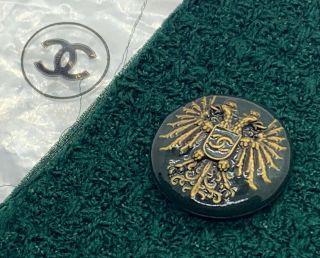 Estate Chanel Russian Eagle Green Gold Cc Enamel Button & Boucle Fabric Swatch