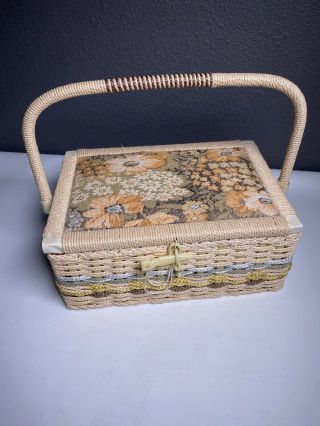 Vintage Cushion Top Woven Wicker Sewing Basket Box Satin Lining Made In Taiwan