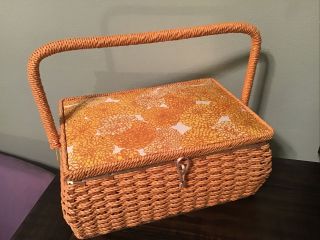 Vintage Dritz Sewing Basket Box Mid Century Wicker Japan Orange/ Yellow Flowers