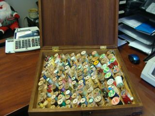 Vintage Large Wooden Sewing Box W/ Spools Of Thread
