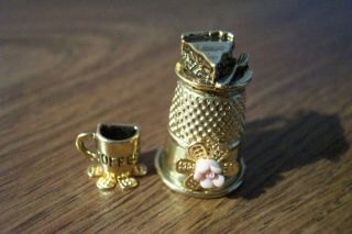 Coffee Cup And Pie Thimble Set With Pie On Top Porcelain Pink Flower On Front