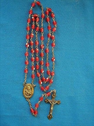 Vintage Religious Rosary With Redish/orange Faceted Beads 21 " Long