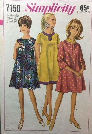 Vintage 1960s Swing Mini Dress Maternity Simplicity 7150 Size 16 Bust 36