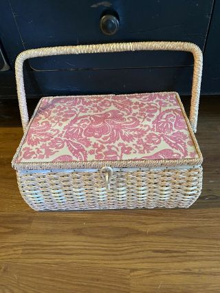 Vintage Dritz Wicker Sewing Basket With Handle Pink Floral Design & Sewing Items