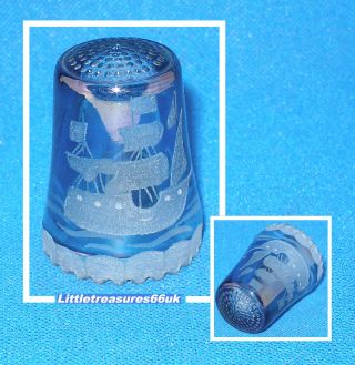 Ullmann German Crystal Blue Cased Etched Galleon Thimble.