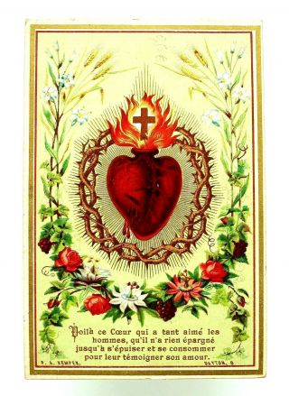 Gorgeous Antique Holy Card The Sacred Heart Of Jesus & The Crown Of Thorns