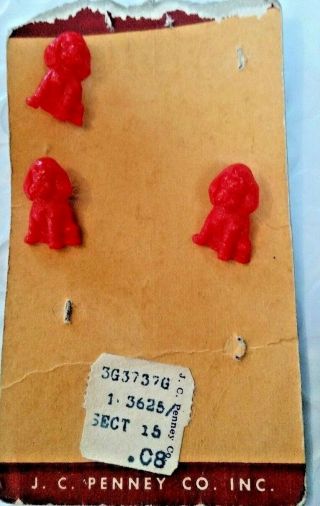 3 Vintage 3/4 " Realistic Plastic Red Puppy Dog Button On Jc Penny Card