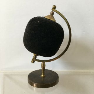 Vintage Brass World Globe Pin Cushion Velvet Black Globe Sewing 4.  5 "