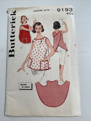 Butterick 9193 Vintage 1950’s Pullover Apron Easy To Sew Cut