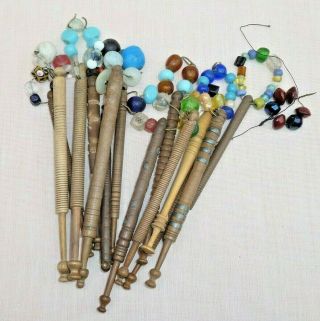 14 Antique Assorted Glass Beaded Wooden Lace Makers Bobbins / Spangles