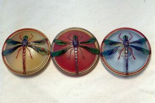 Old Vintage Button Glass Dragonfly,  Blue,  Red Ivory - 4cm,  3 Pc