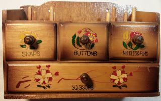 Vintage Japan Wooden Sewing Box With Notion Drawers Painted Flowers