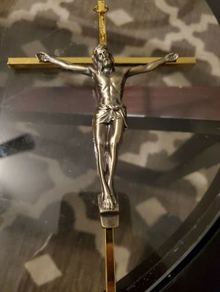 Vintage Inri Brass Bronze Metal Crucifix 9.  5 " Wall Hanging Jesus On The Cross