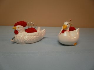 2 Vintage White/red Ceramic Pin Cushions - Chicken With Tape Measure / Duck