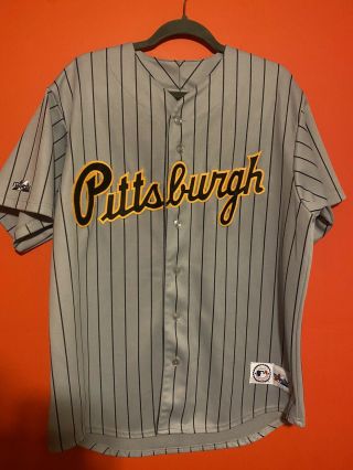 Pittsburgh Pirates Majestic Mlb Baseball Sewn Jersey Large Grey Striped Adult