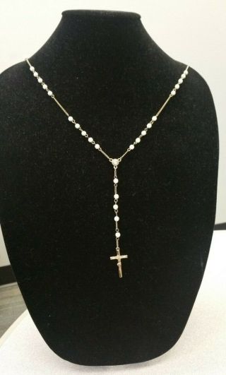 Vintage Rosary Style Necklace Gold Color Cross Christian Religious