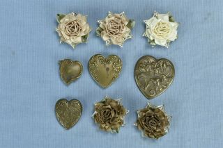 Vintage Victoriana Set 4 Brass Heart Button Covers,  5 Satin Flowers 09749