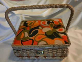 Vintage 70s Tan Wicker Sewing Basket Storage Box With Handle Bold Floral Print