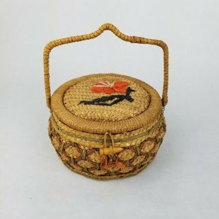 Vintage Wicker Rattan Woven Sewing Basket Crafts Red Lined Farmhouse Decor Boho