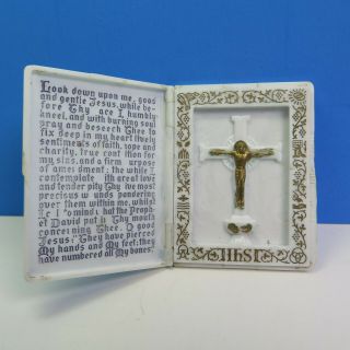 Vintage White Plastic Folding Pocket Prayer Before A Crucifix Raised Crucifix