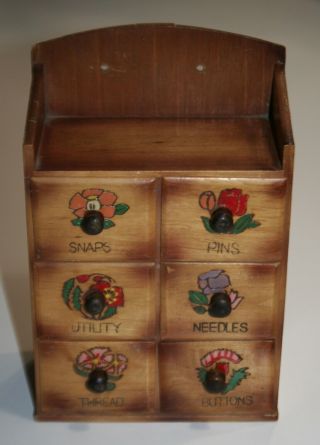 Vintage 6 Drawer Handmade Hand - Painted Wooden Wall - Hanging Sewing Utility Box