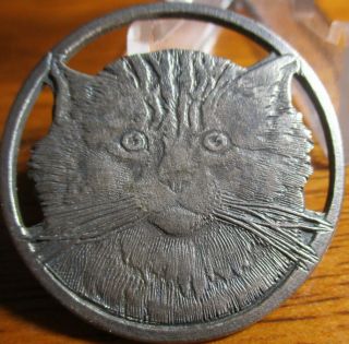 1940s French Button " Persian Cat Head " Pierced Lg Vintage Antique Metal Button