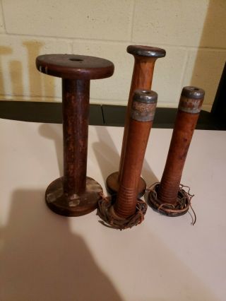 4 Vtg Old Wooden & Metal Spool Candlesticks