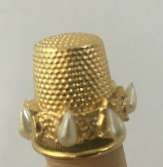 Vintage Ornate Gold Tone Metal Sewing Thimble Faux Pearl Teardrops