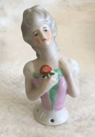 Antique Half Doll Pin Cushion Holding A Rose 6775