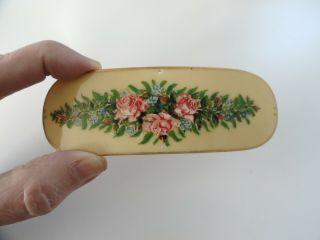 Gorgeous Antique Hand Painted Pink Roses Celluloid Sash Ornament - 4 3/8 X 1 1/2