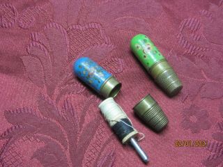 2 Vintage Antique Gold Tone Metal Victorian Travel Thimble Thread Sewing Kit