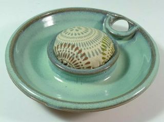 Ceramic/pottery Pin Cushion Holder With Fabric Round W Button Tray Green Vintage