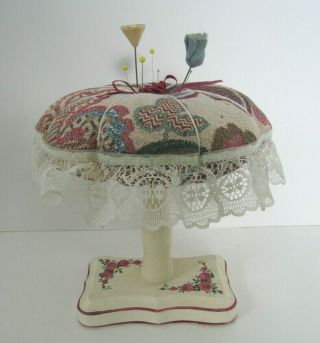 Vintage Pin Cushion Large Size Lamp Or Umbrella Shape Wood & Fabric Floral B