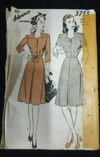 Advance 3755 Vintage 1930s - 40s Dress Sew Pattern Size 18 Bust 36 Hips 39 Cut